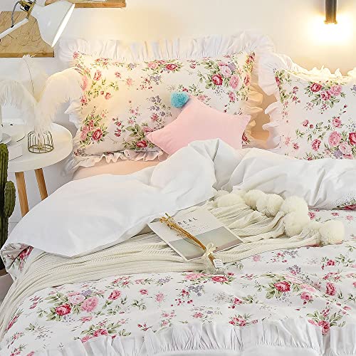 Fadfay Twin Xl Floral Duvet Cover Set Girls 100% Cotton College Dorm Bedding Pink Bulgaria Rose Prin Ruffle White Lace Reversible White Blush Flower Comforter Cover French Country Bed Covers 3 Pieces #TOP4