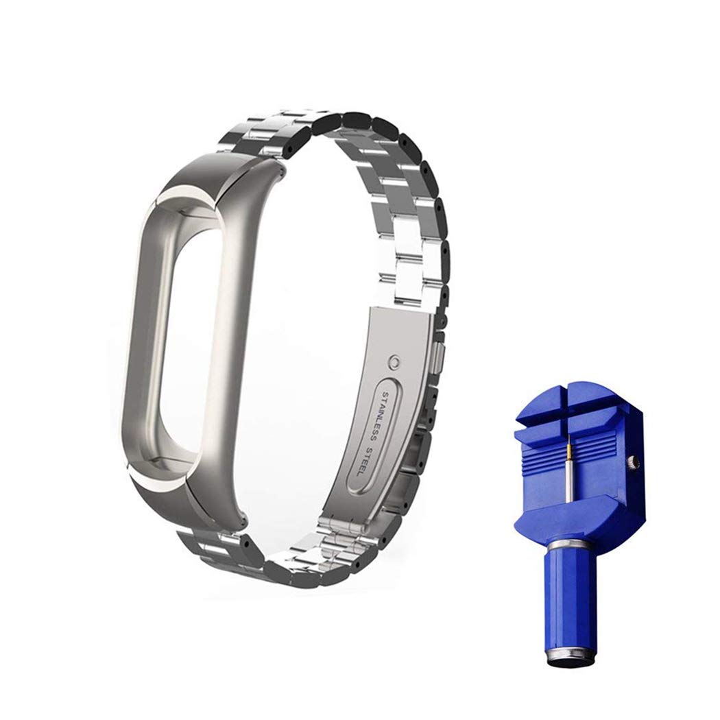 OLLIVAN for Xiaomi Mi Band 3 Replacement Strap, Stainless Steel Wristband Bracelet Replacement Band Wrist Straps for Mi Band 3 Tracker, Host Remove Easily via Double Elastic Buckle (Sliver)