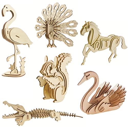 3D Wooden Wild Animal Puzzle - 6 Piece Set Wood Wild Animals Skeleton Assembly Model Kits - Wooden Crafts DIY Brain Teaser Puzzle - STEM 3D Puzzle...