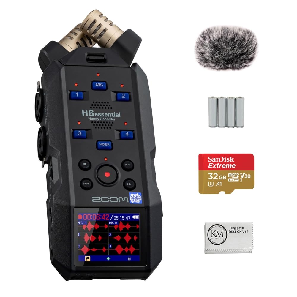 Zoom H6essential 6-Track 32-Bit Float Portable Audio Recorder Bundled with 32GB Micro-SD Card + Furry Wind Screen + 4 x AA Batteries + Cleaning Cloth (5 Items)