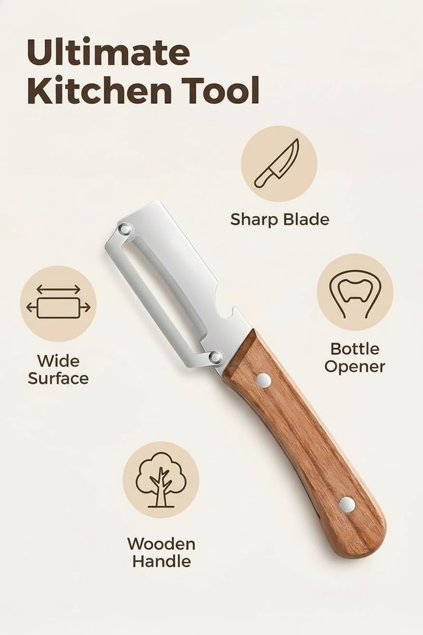 Zero Snag Wooden Peeler, Zero Flex Peeler Vegetable, Multi-functional Vegetable Peelers for Kitchen, With Wooden Handle,Bottle Opener Kitchen Tool for Fruit Veggie Carrot Potato Pumpkin(5pcs)