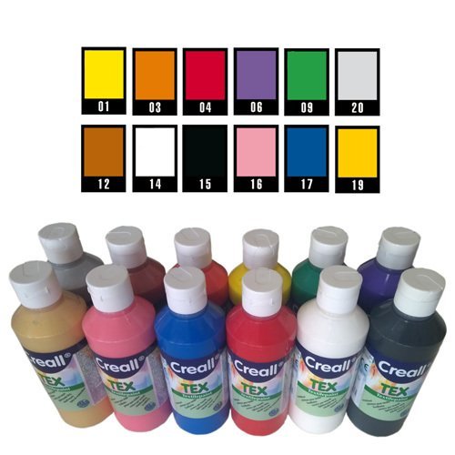 Creall Colore per Tessuti Set 12 x 250 ml, Pittura per Stoffa per T-Shirt, Jeans, Scarpe, Borse e Mobili, Colori Assortiti, Base Acqua, Alta Coprenza su Cotone e Tessuti Misti, Made in Holland