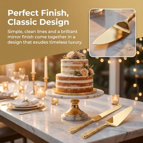 Dicunoy 2 PCS Gold Cake Knife and Server Set, Wedding Cake Cutting Utensils, Vintage Engraved Cake Cutter and Serving Spatula for Birthday,Anniversary, Vibrant Gold - Image 5