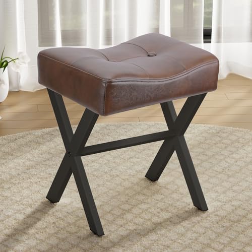 Image of Memobarco 18-Inch Leather Vanity Stool Chair, Vanity Bench with Metal X-Leg, Ottoman Accent Stool with Thick Padded Saddle Seat, Dark Brown