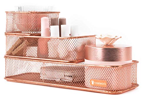 Rosework Rose Gold Desk Drawer Organizers | Set Of 3 Makeup Drawer Organizer, Small Drawer Organizer For Office, Office Drawer Organizer Tray For Bathroom Organization, And Makeup Organization - Thumbnail 5