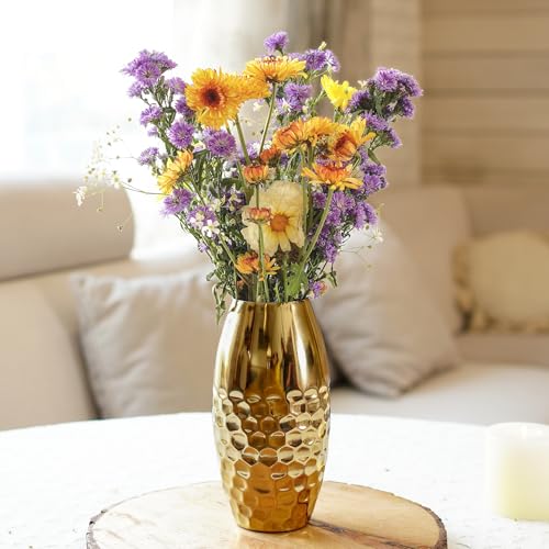 Image of BEHOMA Metal Hammered Vase for Home Decor, Golden