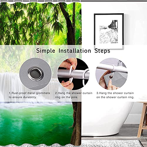 JOOCAR Bathroom Decorative, Green Lake Summer Waterfall in Forest Woodland Nature Jungle Scenery Art Printing Brown White, Waterproof Polyester Fabric Shower Curtain with 12 Hooks Size: 72x72 Inch - Image 5