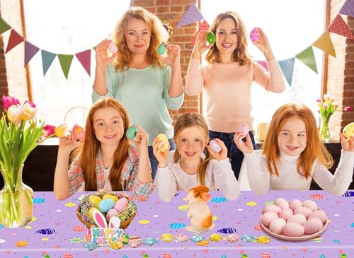 Easter-Tablecloth-Disposable-Plastic-Easter-Bunny-Eggs-Table-Cloth-Easter-Table-Cover-for-Spring-Outdoor-Birthday-Baby-Shower-Party-Supplies-Decorations2-PCSPurple54x108-Inch Easter Tablecloth Disposable Plastic Easter Bunny Eggs Table Cloth Easter Table Cover for Spring Outdoor Birthday Baby Shower Party Supplies Decorations2 PCSPurple54x108 Inch