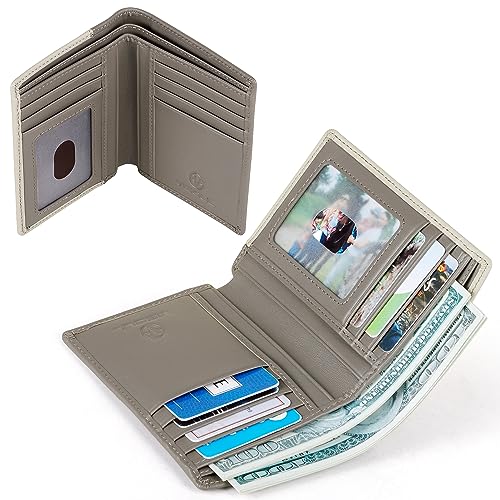 VISOUL Leather Billfold Wallet for Men and Women Two Tone, Bi-fold Wallet with RFID Blocking 11 Card Slots 2 Cash Compartments (Light Gray and Dark Gray)3