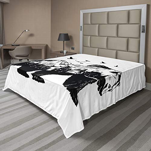 Ambesonne Bear Flat Sheet, Mammal Silhouette Mountain Landscape Flying Birds and Forest Wildlife Design, Soft Comfortable Top Sheet Decorative Bedding 1 Piece, King Size, Black White