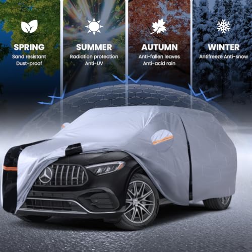 Image of Multi-Layer Car Cover Custom Fit for Mercedes Benz GLC GLC300 GLC350e GLC43 63 (2015-2026), 100% Waterproof All Weather, Gift with Towel, Heavy Duty Car Covers for Rain Sun UV Protection with Zipper.