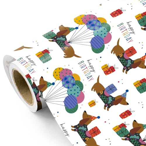WRAPAHOLIC Dog Birthday Wrapping Paper Roll - Mini Roll - 17 Inch x 9.8 Feet - White Dachshund Dog Wrapping Paper Perfect for Kids Boys Girls Dogs Lover
