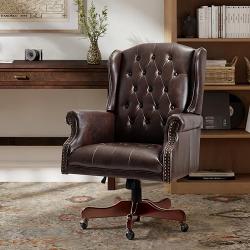 HULALA HOME Tufted PU Leather Office Chair with Wingback and Nailhead Trim, Adjustable Swivel Desk Chair with Rolled Armrests and Casters, Vintage Style(Brown)