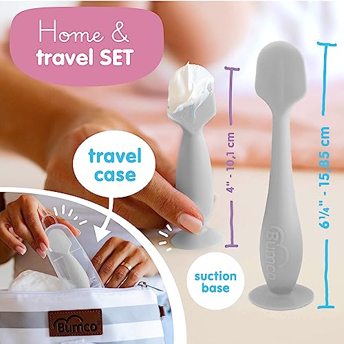 Image of Bumco Baby Bum Brush + Travel Diaper Cream Spatula Set With Case (Gray) | BPA-Free - Diaper bag essentials with suction cup base. Travel case included for clean butt paste cream application on-the-go
