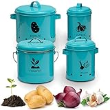 Vintage Storage Bins – Storage Containers for Onion, Garlic, Potatoes and Compost Bin–Vegetables Bins for Kitchen – Metal Storage Tins with Aerating Holes and Lid – Set of 4 Vintage Canisters (Teal)