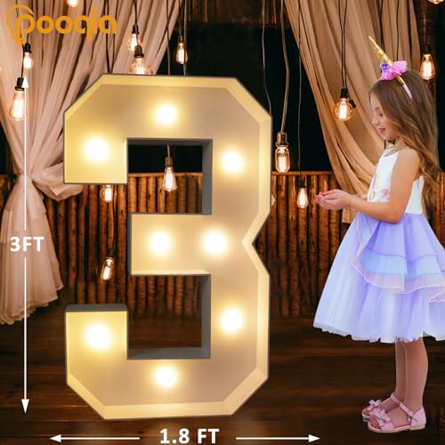 Image of Pooqla 3 FT Light Up Number 3 for 3rd 13th 30th Birthday Decorations, Large Marquee Number with Cool White Warm White LED Lights Birthday Decorations for Girl Boy, Wedding Anniversary Party Decoration