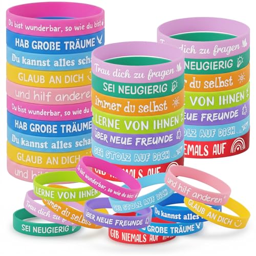 Siblaies 24 Motivationsarmbänder für Kinder mit Deutschen Sprüchen 18 cm Silikonarmbänder als Geschenke für Kita-Verabschiedung Kindergeburtstage & Einschulungs-Mutmacher