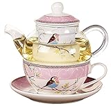 YBK Tech Glass Teapot with a Fine China Infuser Strainer, Happy Bird Pattern Cup and Saucer Set,...