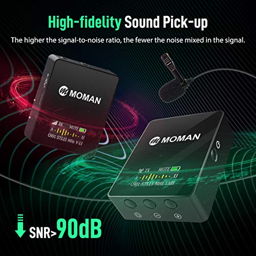 Moman Connects C1 Professional-Wireless-Lavalier-Microphone-System 36 Channels UHF 1 Transmitter with 1 Receiver 70m/229.66ft OLED Screen for DSLR/Mirrorless Camera/Smartphone/Camcorder/Audio Recorder