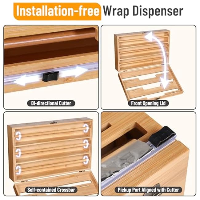 Allinside Magnetic Plastic Wrap Dispenser with Cutter, 3 in 1 Refrigerator Bamboo Wood Organizer for Tin Foil, Baking Paper, Wax Paper Holder Kitchen Storage Box Compatible with 12.9 Roll (3 Layer)