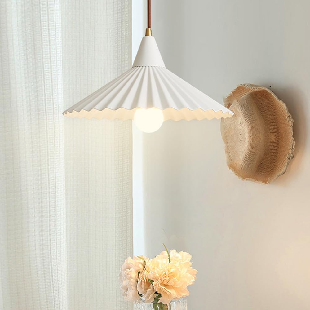 Pleated Light Dining Room Hanging Chaners, Striped Pleated Chaner Nordic Modern Kitchen Island Light Fixture, Living Room Bedroom Hallway Light Fixtures (White)/Wood Color