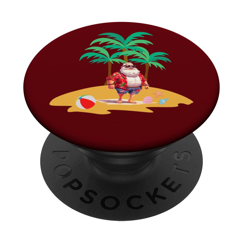 Santa Clause Christmas in July Beach Seashells Palm Trees PopSockets Swappable PopGrip, Black