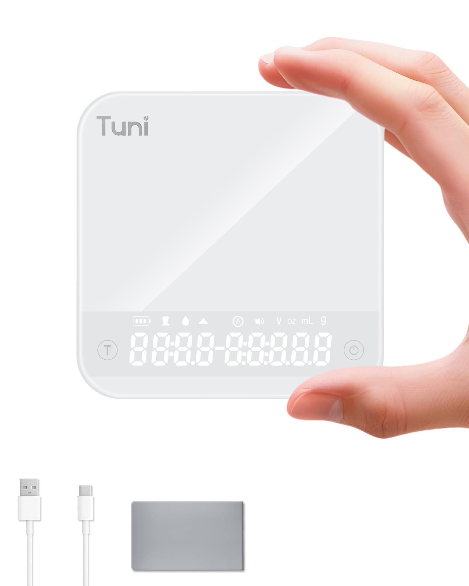 Tuni Rechargeable Mini Coffee Scale with Timer, 2kg/0.1g Accurate Espresso Scale for Espresso and Pour-Over Coffee, Portable Digital Kitchen Scale with Automatic Timing, White