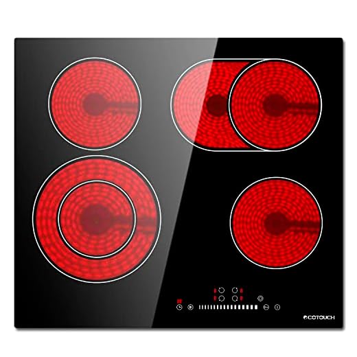 Electric Cooktop 24 inch,ECOTOUCH Built-in Electric Cooktop 4 Burner Stove Top, Radiant Electric Cooktop Stovetop with Kid Safety Lock, Timer, 9 Heating Level,6800W, 220-240V for Hard Wire(No Plug)