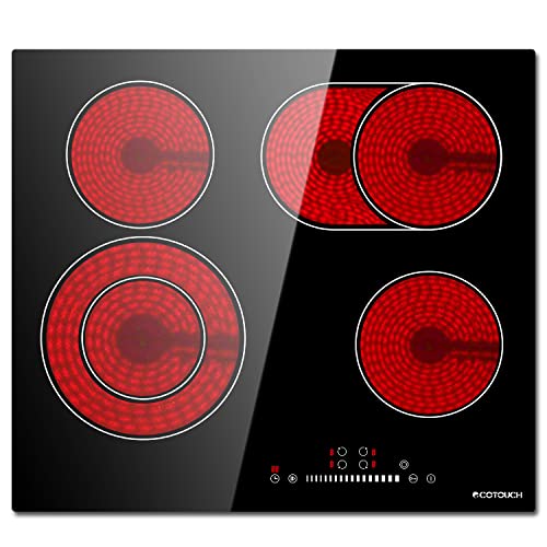 ECOTOUCH Electric Cooktop 24 inch, 4 Burner Stove Top, Radiant Electric Cooktop with Kid Safety Lock, Timer, 9 Heating Levels, 6800W, 220-240V for Hard Wire (No Plug)