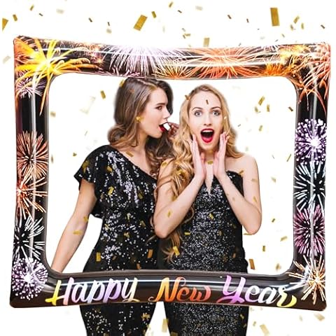 New Year Party Photo Booth Props Frame, LMSHOWOWO Colorful Happy New Year's Eve Blow Up Inflatable Selfie Photo Frame, Funny New Year Photo Booth Props for Men Women New Year Party Decoration Supplies Cover