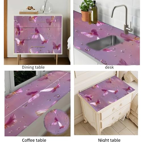 Image of Pink Butterfly Desktop Sticker 39.37x23.62In, Floral Butterfly Water Drop Desk Decal, Easy Clean Table Surface Sticker, Dreamy Feminine Home Decor