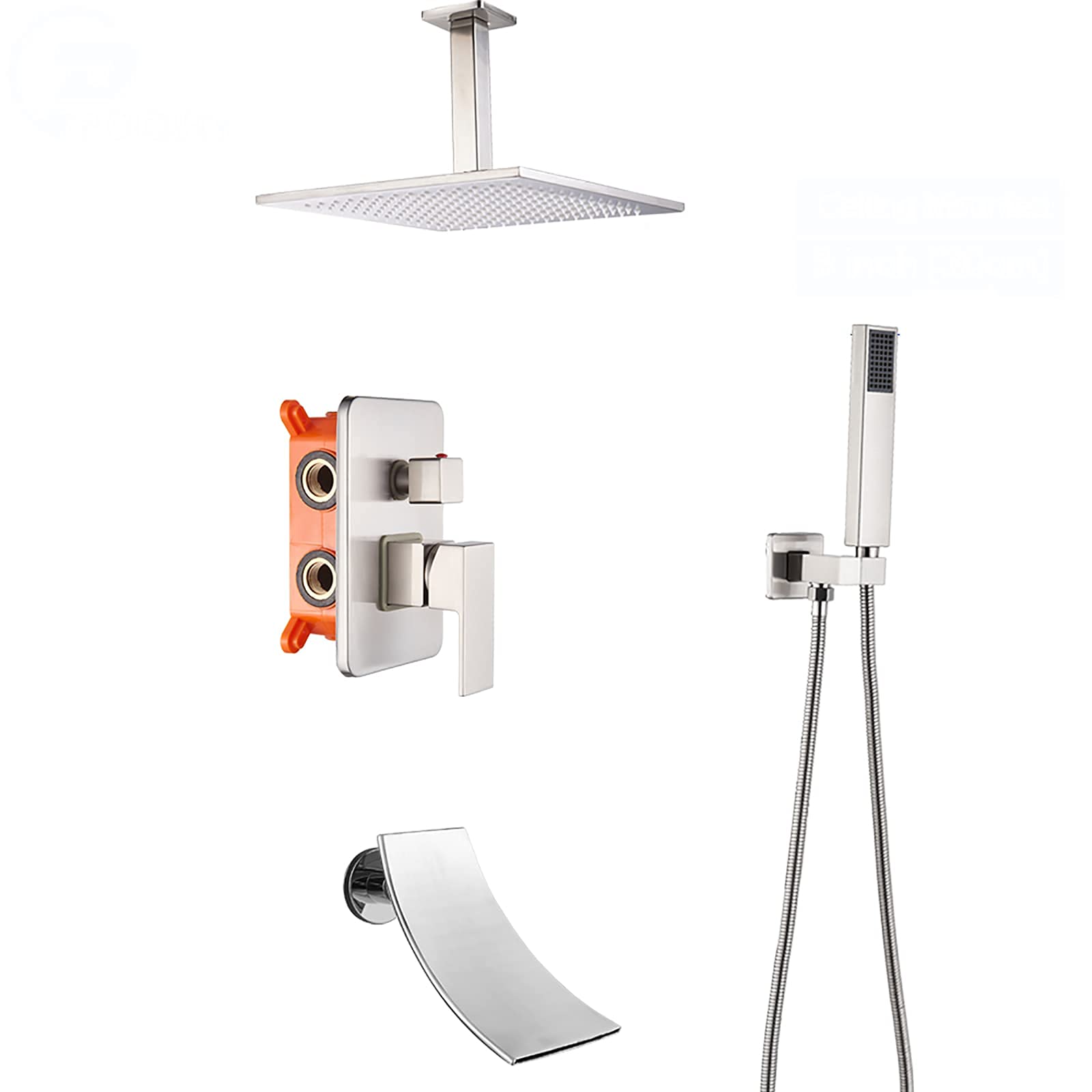 QUSYZD Brushed Nickel Shower Combo Set Ceiling Mounted Bathroom Shower Faucet Set with Shower Head, Handheld Shower, Bathtub Faucet, Embedded Box,16 Inches,12 Inches,12 Inches