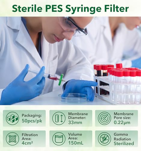 Image of FOUR E'S SCIENTIFIC Syringe Filter 50 Pack, Sterile PES Syringe Filter 33mm Membrane Diameter, 0.22μm Pore Size Syringe Lab Filter