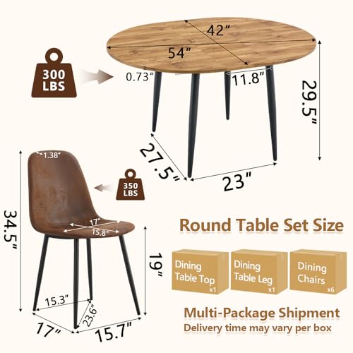 Image of FURNITO Round Dining Table Set for 6, 42 inch-54 inch Extendable Dining Table with 6 Upholstered Chairs, 7 Piece Modern Kitchen Table and Chairs Set for Dining Room, Kitchen, Small Space, Easy Assembly & Use