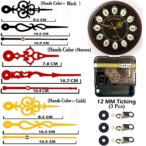 Image of YOPY Combo of 3 Ajanta Mfg. Battery Operated Plastic Ticking Clock Movement Machine with Hands (Black+Red+Gold)(Desing 6)