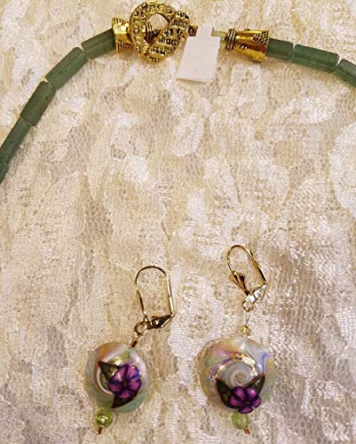 Jade Beaded Necklace And Earrings Set Trumpet Vine And Rose Antique Gold Filigree #TOP3