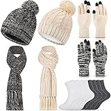 2 Sets Winter Warm Beanie Hat Scarf Women Men and Touchscreen Gloves Socks Set 3 in 1 Thickened Knitted Skull Caps Neck Warm Scarf Snow Cold Weather Mittens Adult