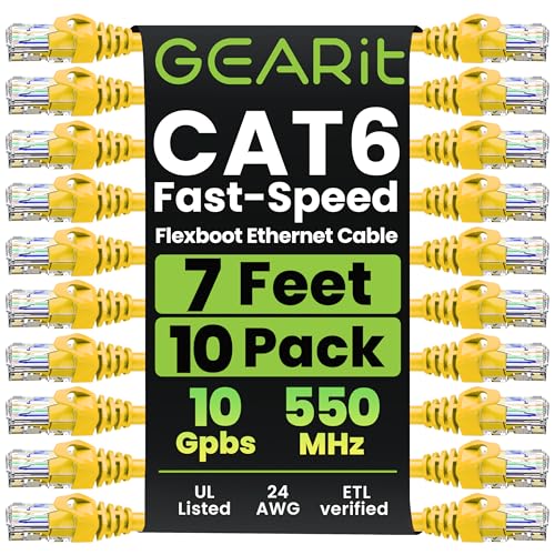 GEARit 10-Pack Cat6 Patch Cable 7 Feet Cat 6 Ethernet Cable Snagless Flexible Soft Tab - Premium Series - Yellow