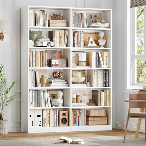 6-Tier Double Wide Bookshelves for Home Decor in White Suitable for Bedroom Living Room and Home Office 