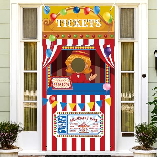 73 x 36 Inches Carnival Ticket Booth Banner Door Cover Amusement Park Photo Booth Backdrop with Balloons Striped Tent and We Are Open Sign Movie Theater Theme Party Decorations for Kids Birthday