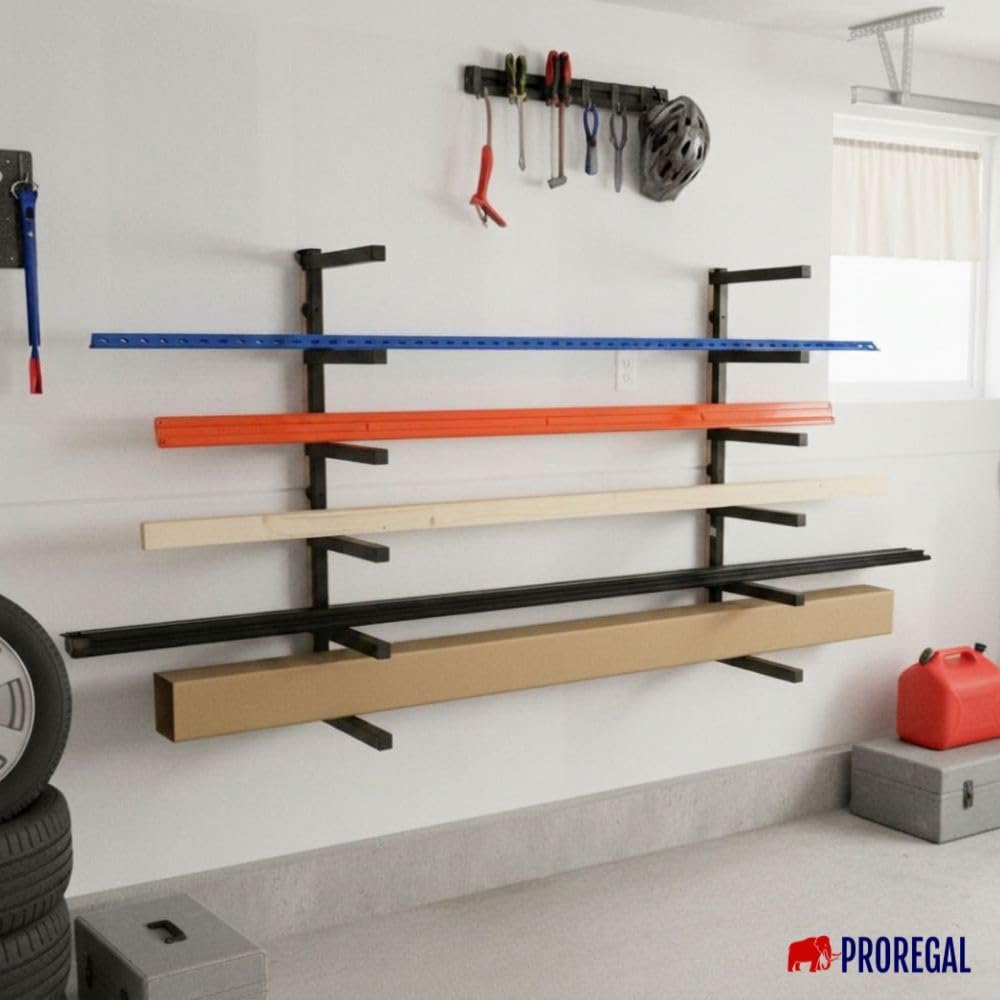 PROREGAL Kragarmregal Wandmontage schwerlast 50 kg pro Ebene für Holzlagerung mit 6 Ebenen Garage Organizer Wandregal Schwarz 2 Stück Lagerregal Wandhalterung Metallregal