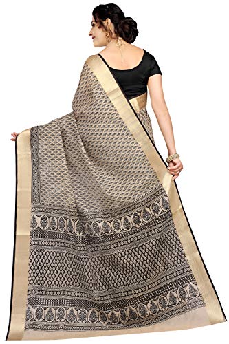 Image of RANI SAAHIBA Women's Poly Cotton Printed Saree With Blouse Piece (SKR6972 Beige-Black)
