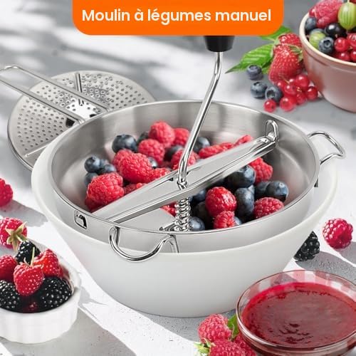Moulin à pommes de terre manuel en acier inoxydable Écrase, égoutte et râpe fruits et légumes 3 disques, facile à utiliser