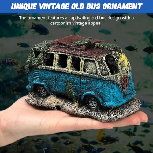 Image of Qpets Fish Tank Accessories, Aquarium Decorative Items, Vintage Resin Old Bus with Hiding Cave Engraving Seaweed and Starfish for Fish /Shrimp /Betta Fish (13x7.5x8CM)