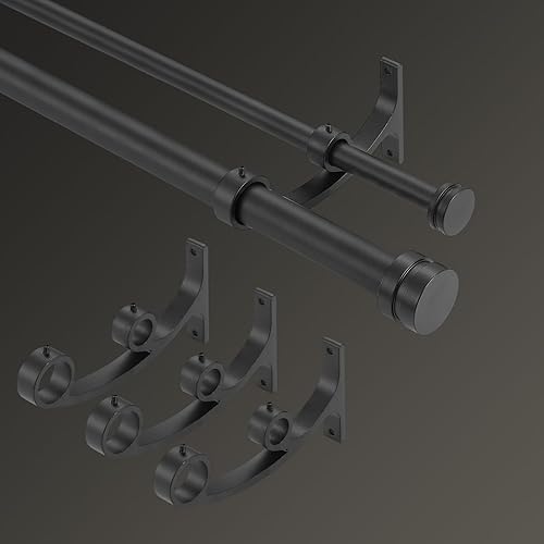 Miniatura 2 de Barras de cortina dobles para cortina, 36-72 pulgadas con barra grande de 1 pulgada y barra pequeña de 58 pulgadas, remates redondos modernos, negro