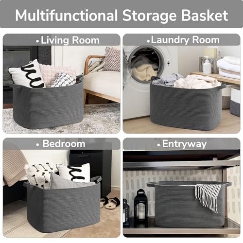 Goodpick Storage Basket, Rectangle Dirty Clothes Baskets for Laundry, Woven Basket for Living Room, Extra Large Cotton Rope Baskets for Toys, Blankets, 23.6" x 15.7" x 13.8", Dark Gray