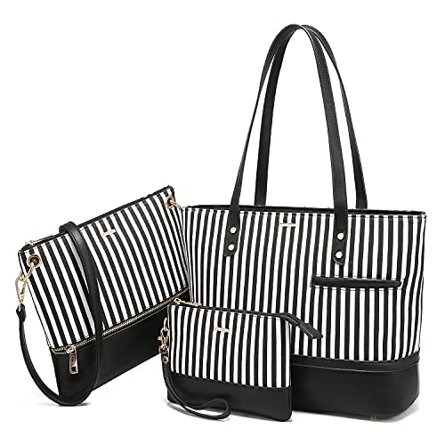 LOVEVOOK Womens Purses Satchel Handbags Shoulder Hobo Tote Bag Top Handle Crossbody 3pcs Purse Set Stripes Style,Black