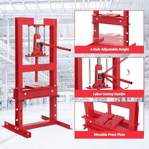 Image of 6-Ton Hydraulic Shop Press with Press Plate, H-Frame Pneumatic Shop Press, Benchtop Hydraulic Shop Press, Adjustable Working Table Height, Red