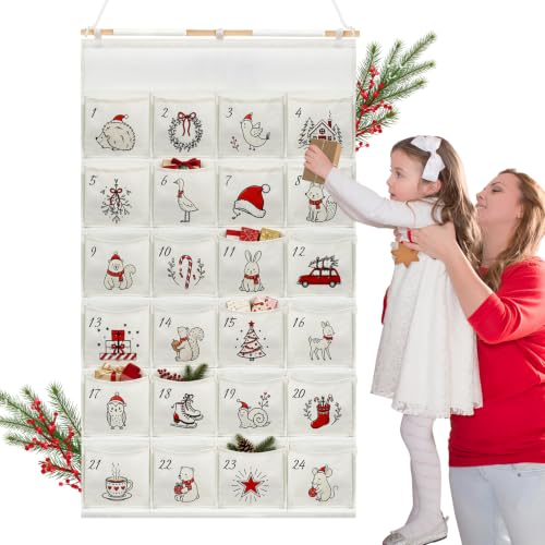 Calendario de Adviento para Rellenar 2026, Calendario de Navidad DIY para niños 130 x 70 cm, Calendario Adviento con 24 bolsillos, Bolsa de tela reutilizable para regalos, dulces, decoración (Rojo)