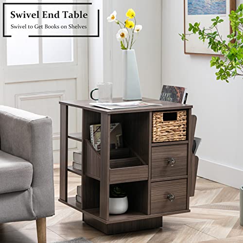 Rotating End Table, Modern Farmhouse End Table with Magazine Rack and Drawers, Revolving End Table with Storage for Living Room Bedroom, Sofa Side Nightstand with Open Storage Shelf (Grey) - Thumbnail 4